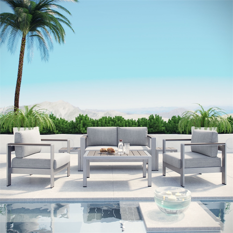 Afuera Living 6-Piece Aluminum Patio Sectional Sofa Set in Silver Gray