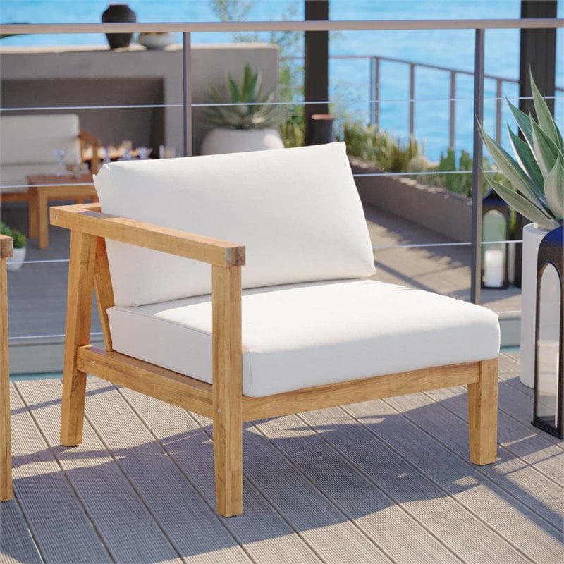 Afuera Living Teak Wood Outdoor Left-Arm Chair with White Cushions
