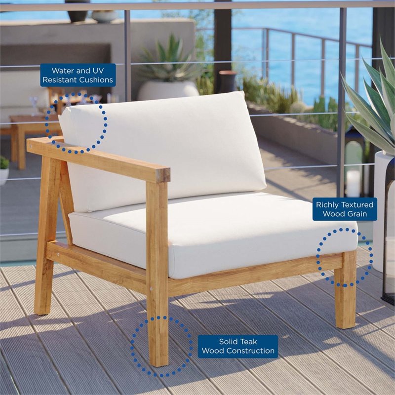Afuera Living Teak Wood Outdoor Left-Arm Chair with White Cushions