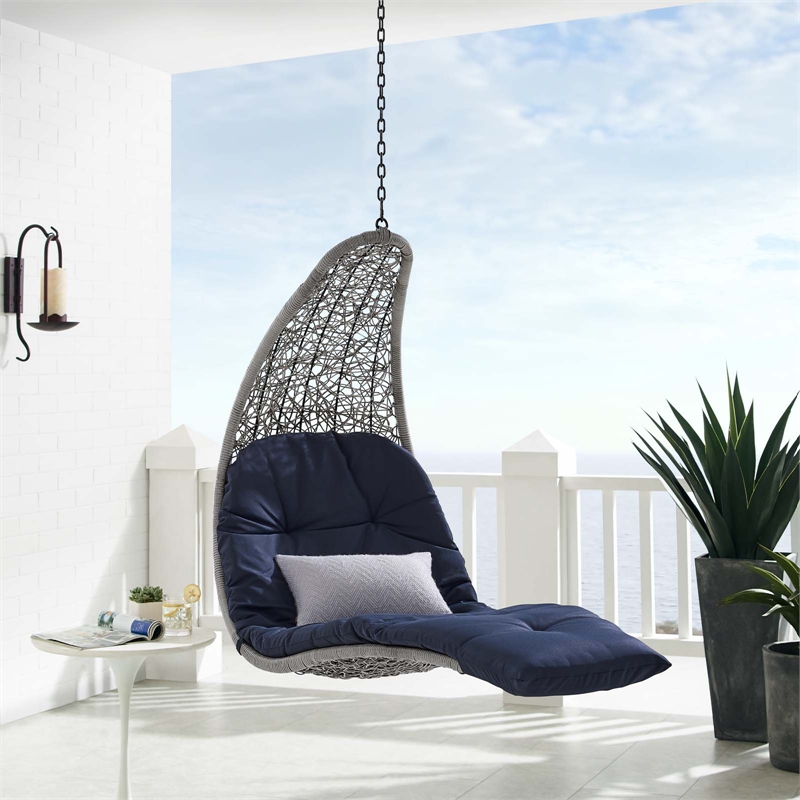 Afuera Living Rattan Hanging Chaise Lounge Swing Chair in Gray/Navy