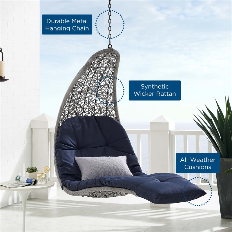 Afuera Living Rattan Hanging Chaise Lounge Swing Chair in Gray/Navy