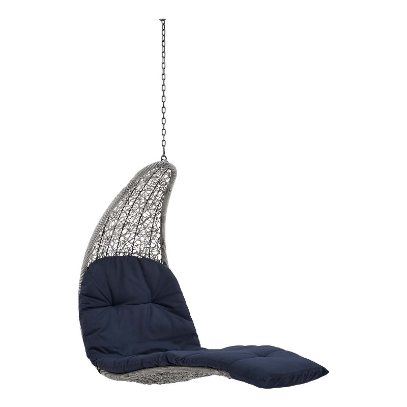 Afuera Living Rattan Hanging Chaise Lounge Swing Chair in Gray/Navy