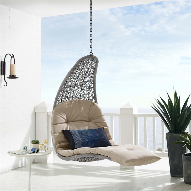 Afuera Living Rattan Hanging Chaise Lounge Swing Chair in Gray/Beige