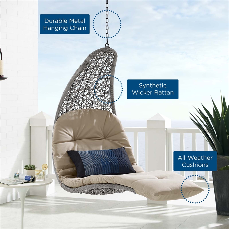 Afuera Living Rattan Hanging Chaise Lounge Swing Chair in Gray/Beige