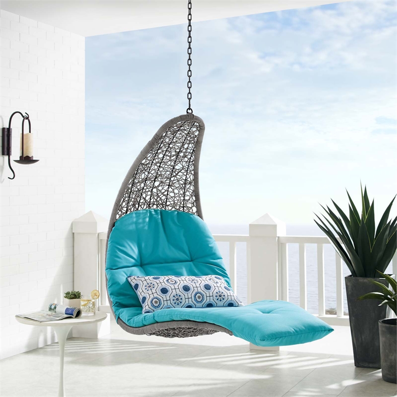 Afuera Living Rattan Hanging Chaise Lounge Swing Chair in Gray/Turquoise