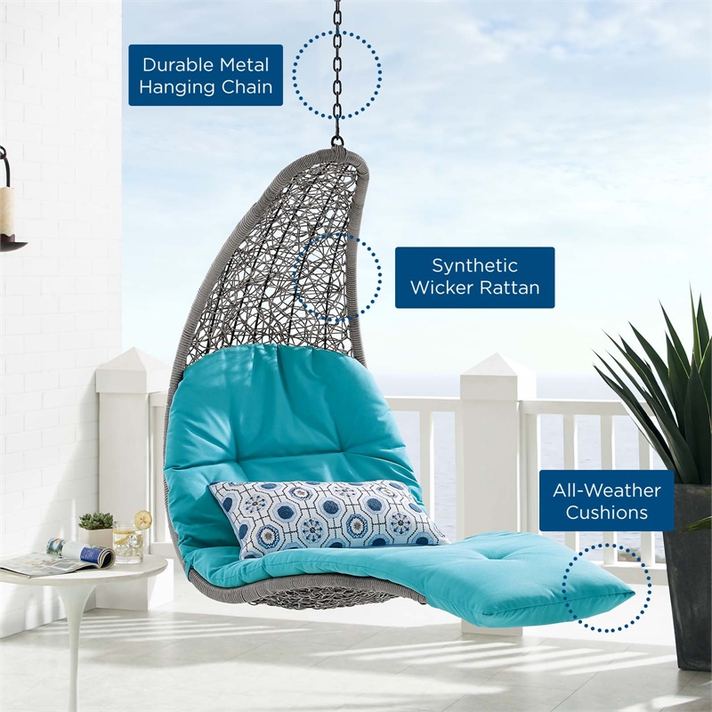 Afuera Living Rattan Hanging Chaise Lounge Swing Chair in Gray/Turquoise