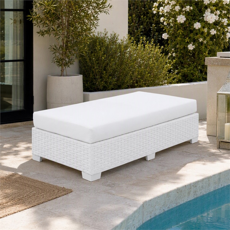 Afuera Living Rattan Patio Ottoman with Cushion in White Finish
