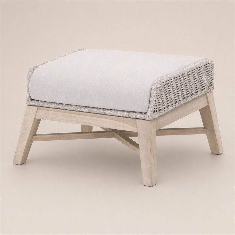 Afuera Living Outdoor Footstool with Teak Legs and Rope Design in Taupe