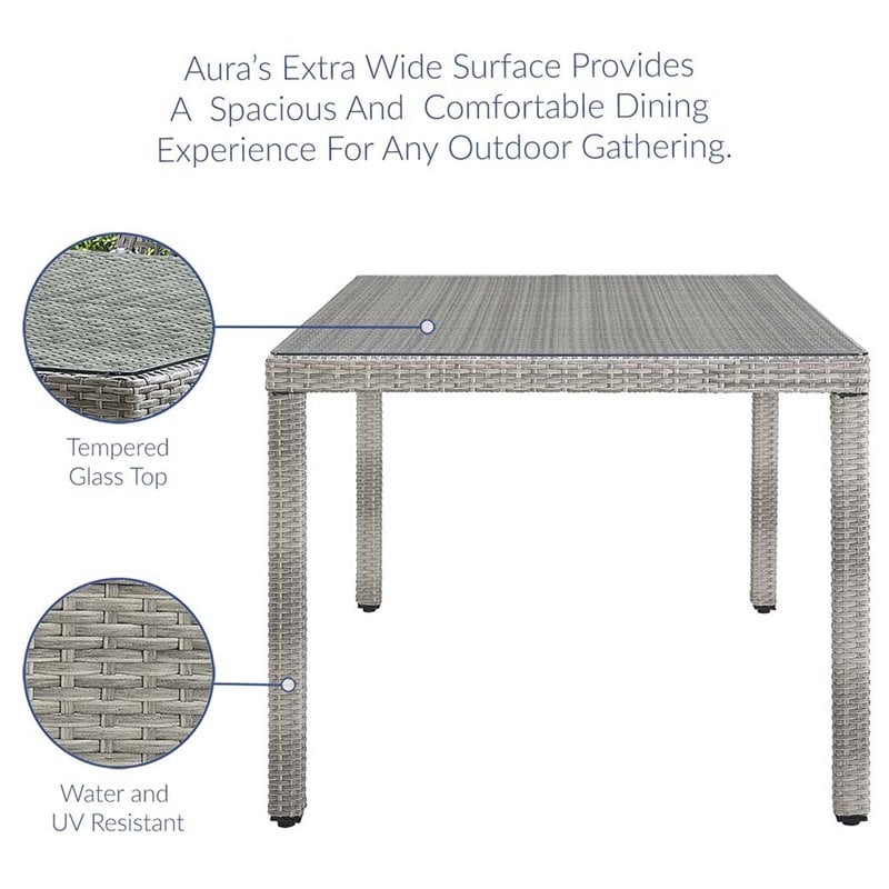 Afuera Living Rectangle Rattan Patio Dining Table with Glass Top in Gray
