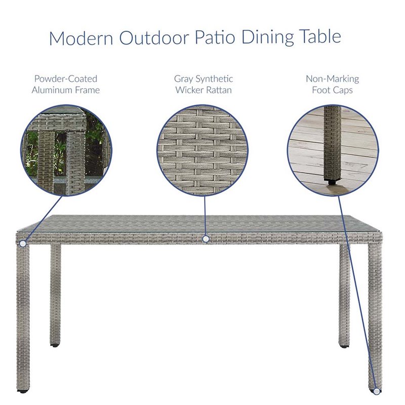Afuera Living Rectangle Rattan Patio Dining Table with Glass Top in Gray