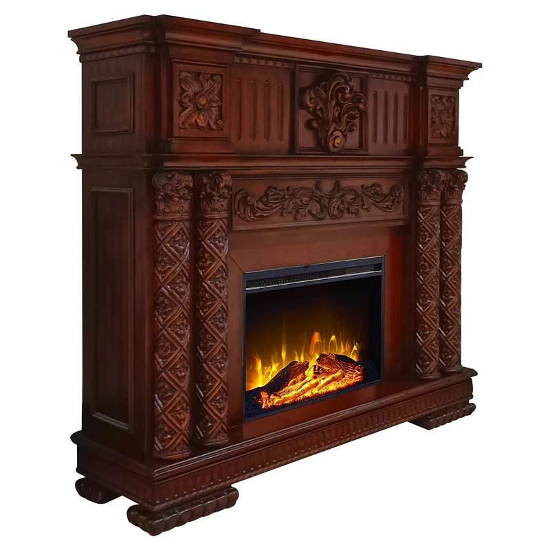 Afuera Living Freestanding Wooden Fireplace in Cherry with Carved Details