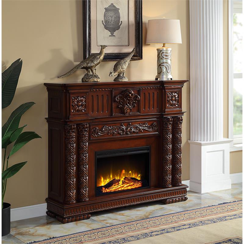 Afuera Living Freestanding Wooden Fireplace in Cherry with Carved Details