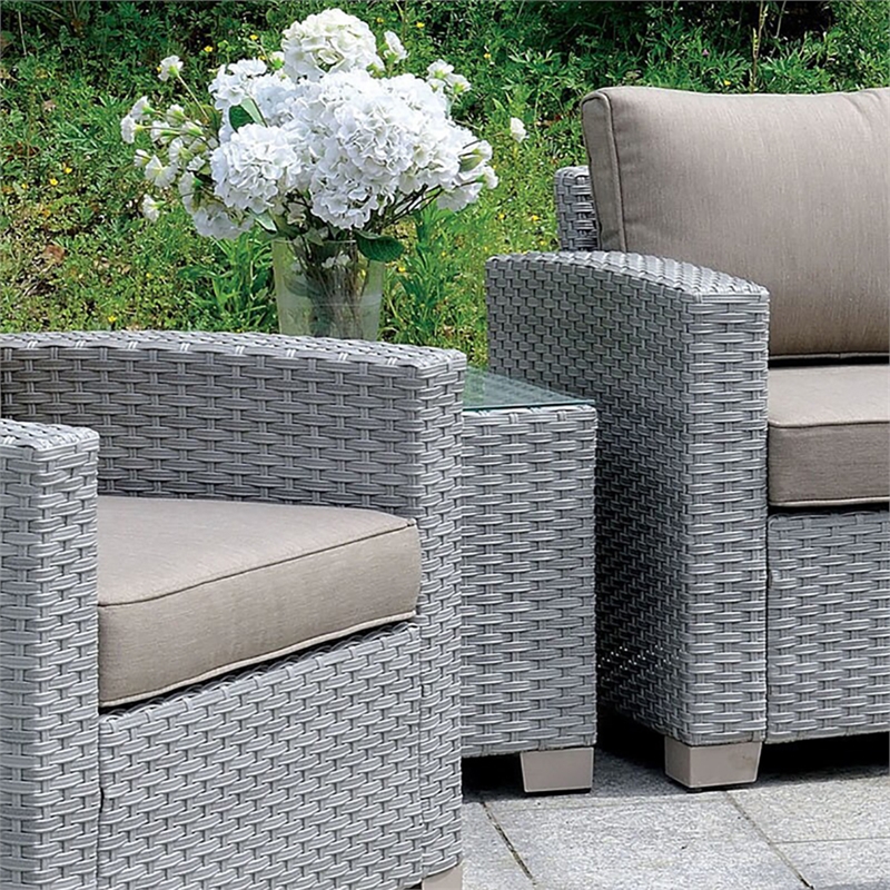 Afuera Living Rattan Glass Top Patio End Table in Grey