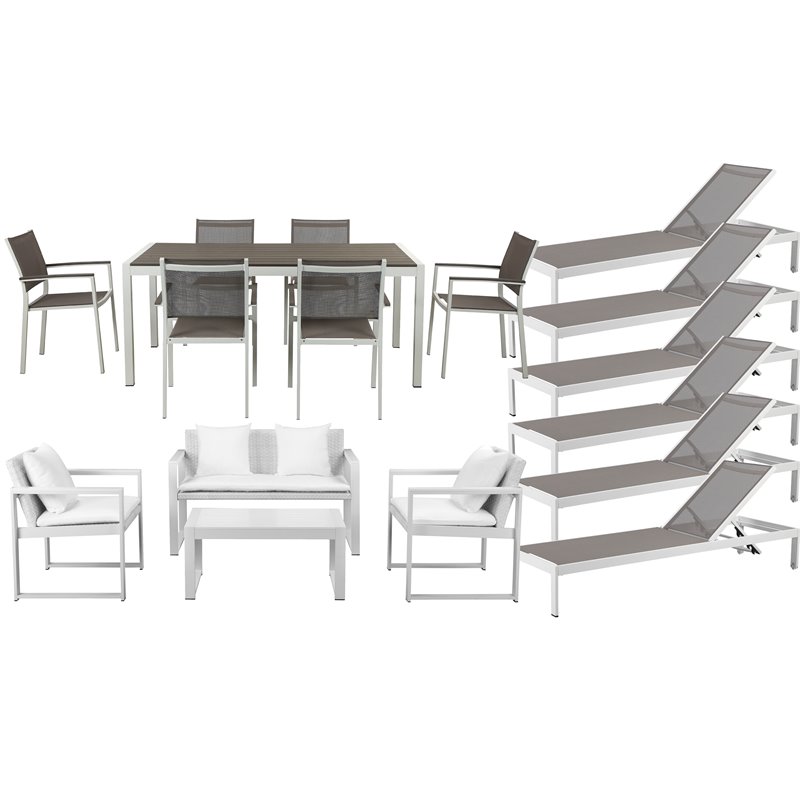 Afuera Living 17-Piece Aluminum Patio Sofa Set in White/Gray with Umbrella Hole