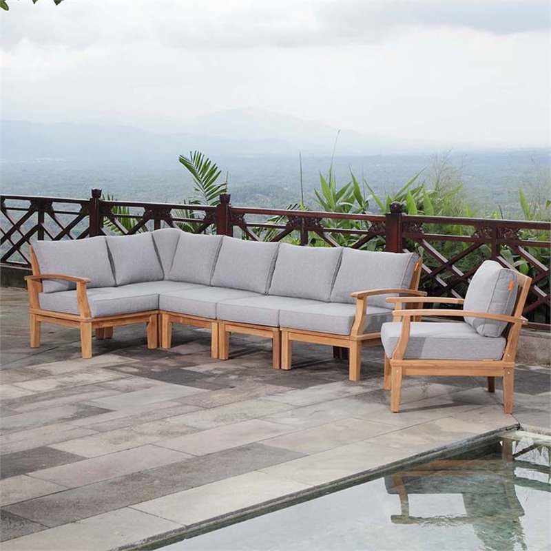 Afuera Living 6-Piece Teak Patio Sectional Sofa Set in Natural/Gray