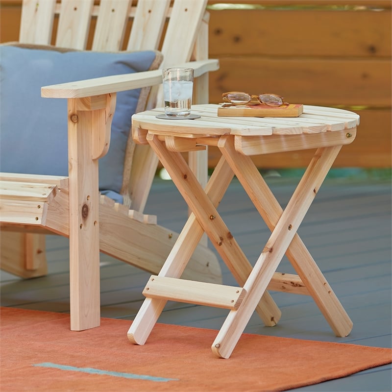 Afuera Living Adirondack Round Foldable Cedar Side Table in Beige