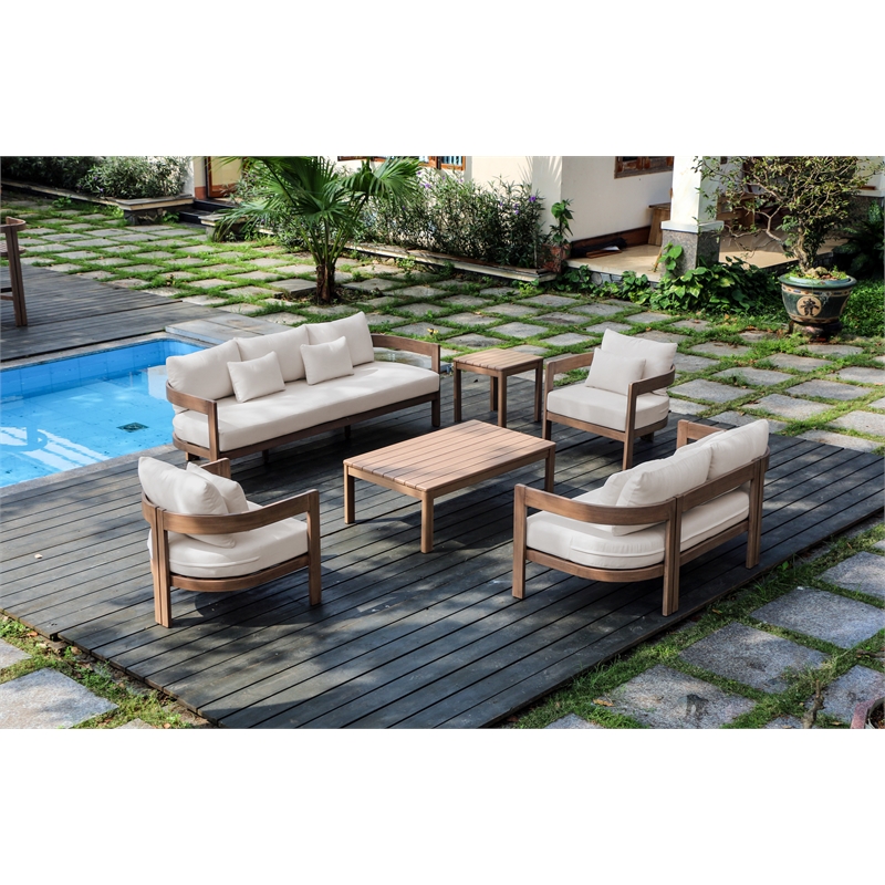 Afuera Living 65 In Patio Loveseat in Cream Water Resistant Fabric & Acacia