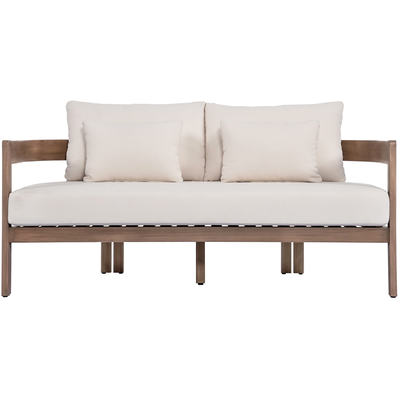 Afuera Living 65 In Patio Loveseat in Cream Water Resistant Fabric & Acacia