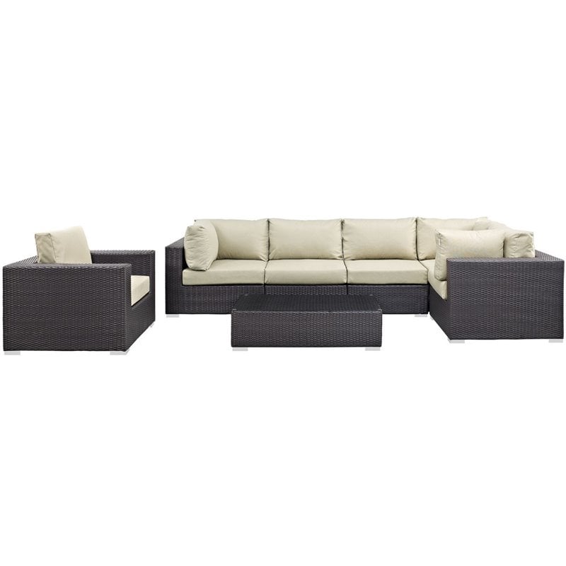 Afuera Living 7-Piece Aluminum Rattan Patio Sectional Set in Espresso Beige