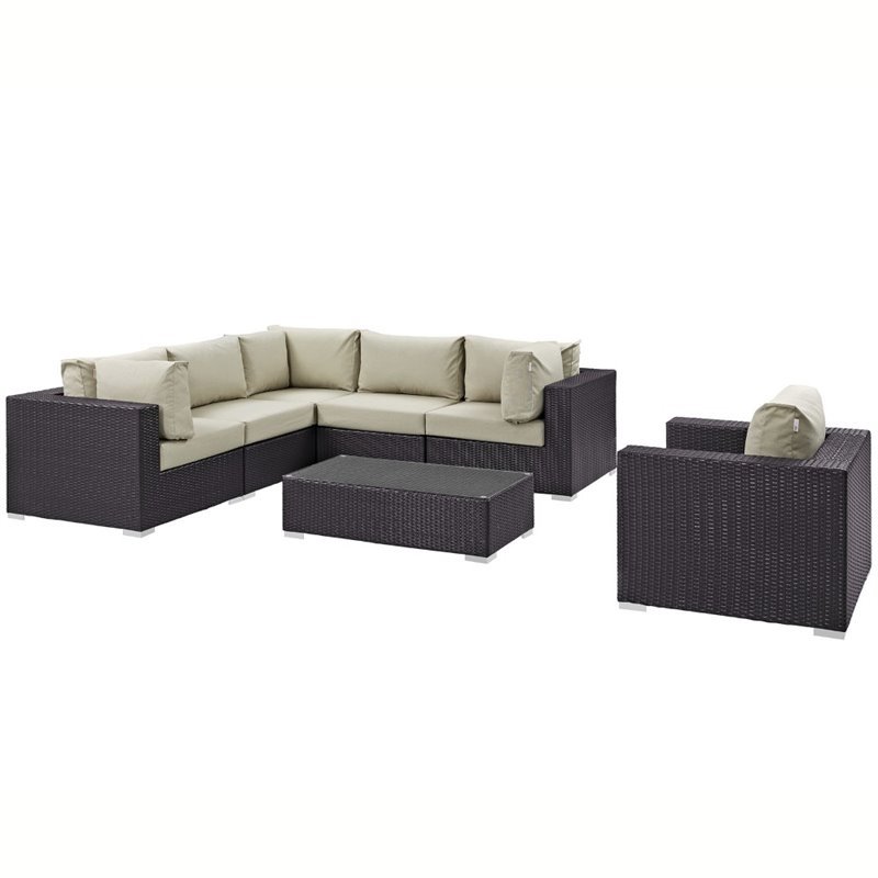 Afuera Living 7-Piece Aluminum Rattan Patio Sectional Set in Espresso Beige