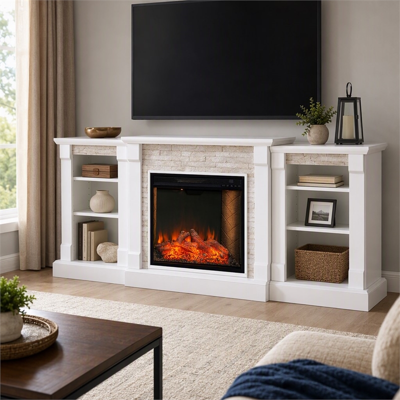 Afuera Living Gallatin Engineered Wood Smart Fireplace with Bookcases in White