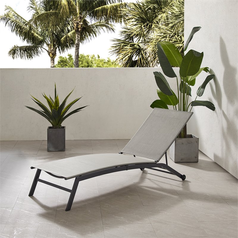 Afuera Living Modern Sling Chaise Lounge in Light Gray and Black Metal