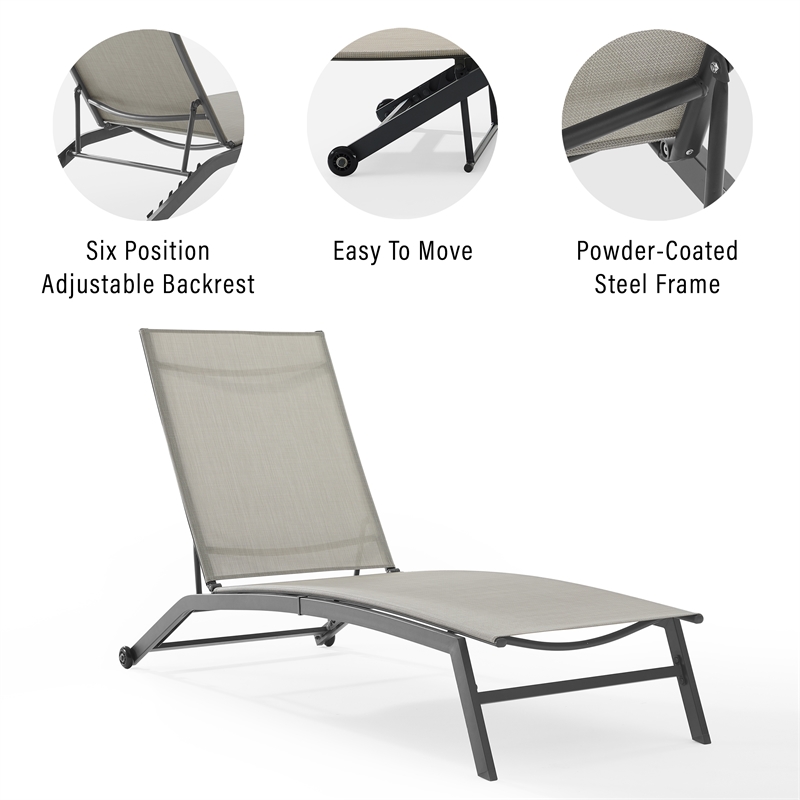 Afuera Living Modern Sling Chaise Lounge in Light Gray and Black Metal