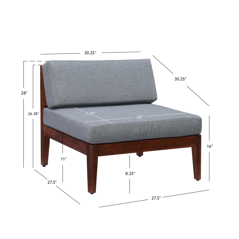 Afuera Living Outdoor Middle Chair Acacia Wood with Gray Cushions in Walnut