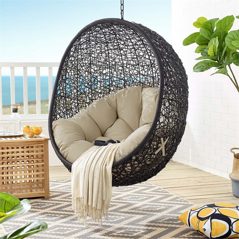 Afuera Living Outdoor Rattan Swing Chair with Stand in Black and Beige