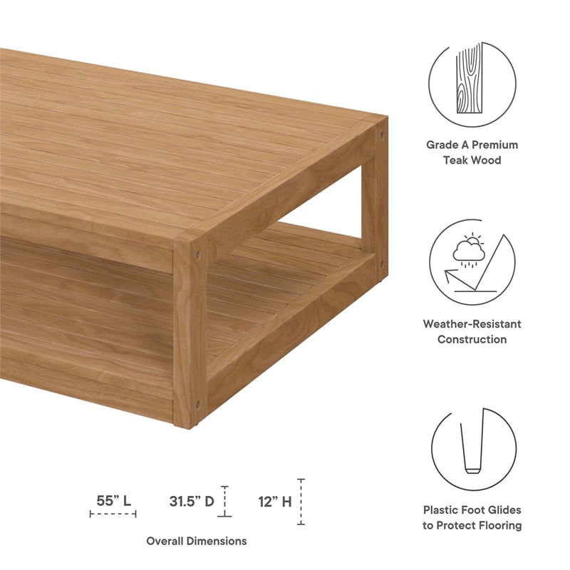 Afuera Living Rectangular Teak Patio Coffee Table in Natural Finish