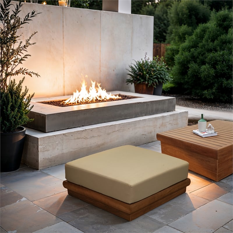 Afuera Living Tan Teak Wood Patio Ottoman with Water-Resistant Fabric