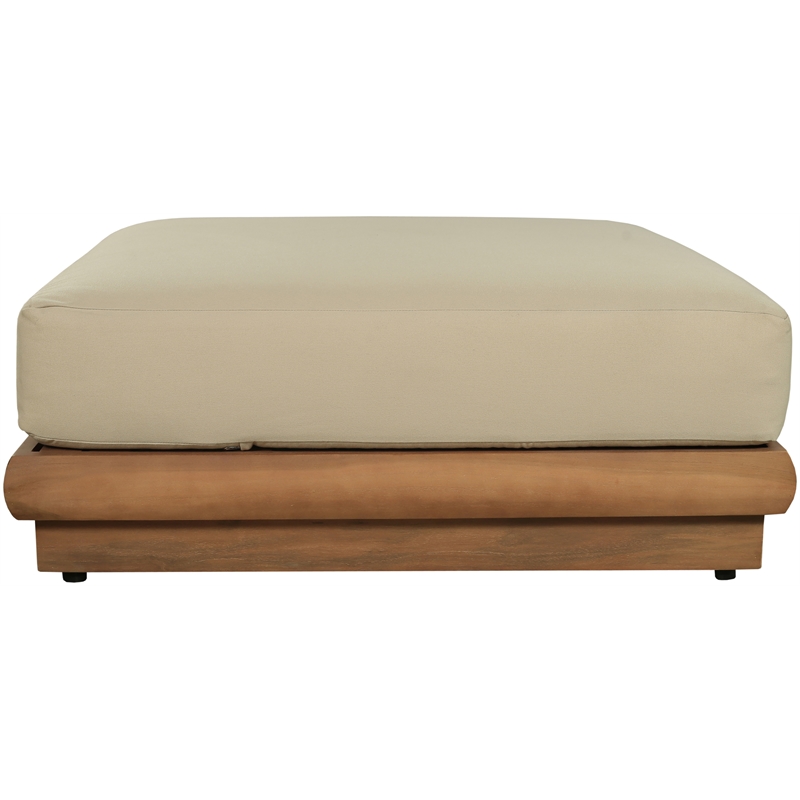 Afuera Living Tan Teak Wood Patio Ottoman with Water-Resistant Fabric