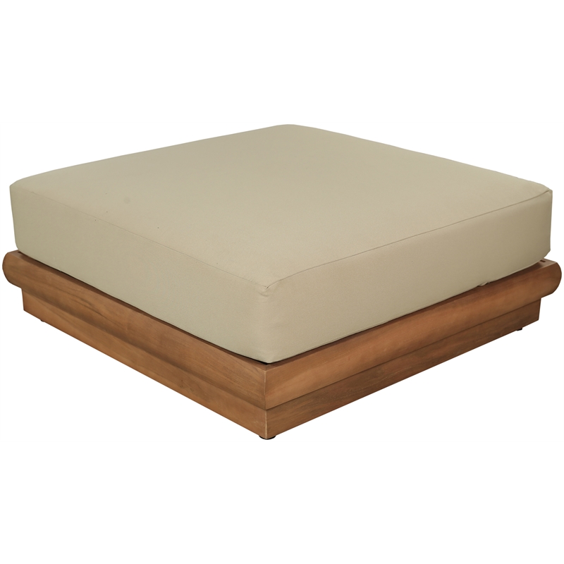 Afuera Living Tan Teak Wood Patio Ottoman with Water-Resistant Fabric