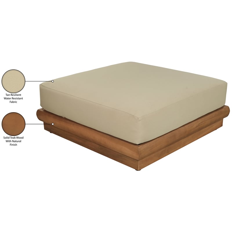 Afuera Living Tan Teak Wood Patio Ottoman with Water-Resistant Fabric
