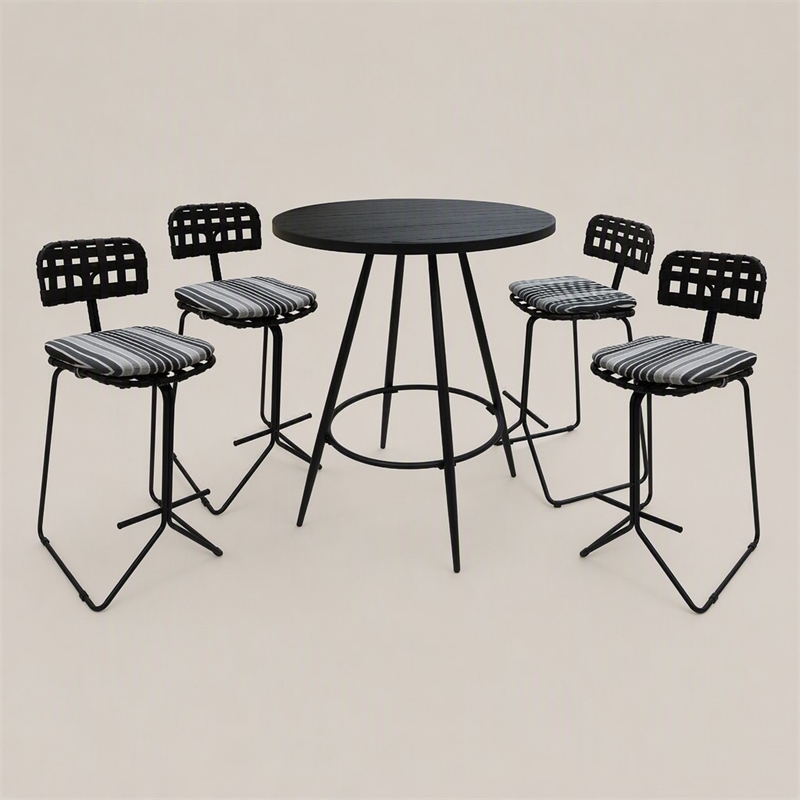 Afuera Living Outdoor Metal Pub Set with Gray Striped Fabric and Black Frame