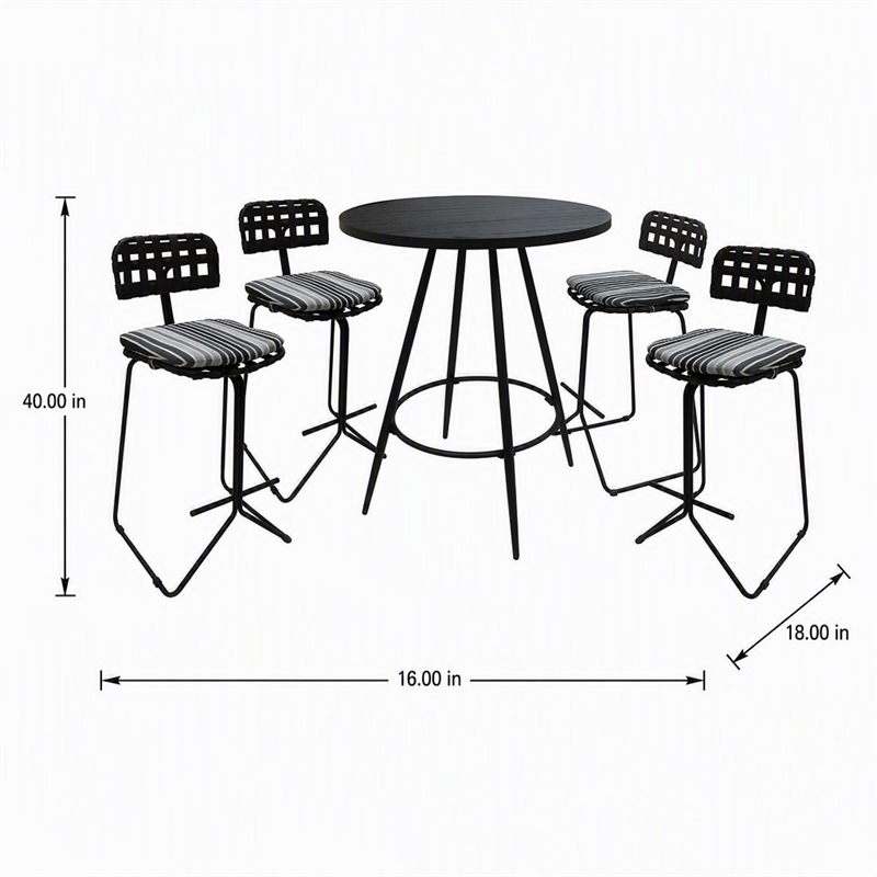 Afuera Living Outdoor Metal Pub Set with Gray Striped Fabric and Black Frame