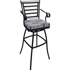 Afuera Living Bar Stool 30&quot Seat with Arms in Blue Beige Fabric Black Frame