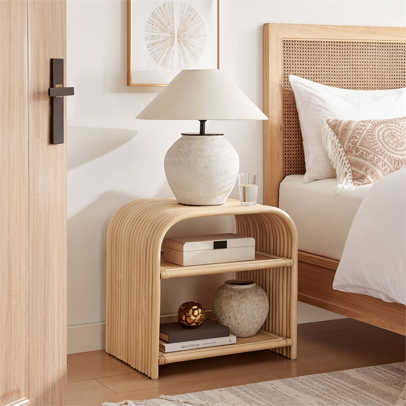 Afuera Living Curved Natural Rattan Side Table with Fixed Shelf