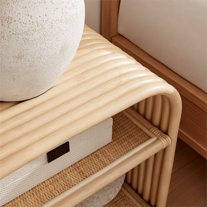 Afuera Living Curved Natural Rattan Side Table with Fixed Shelf