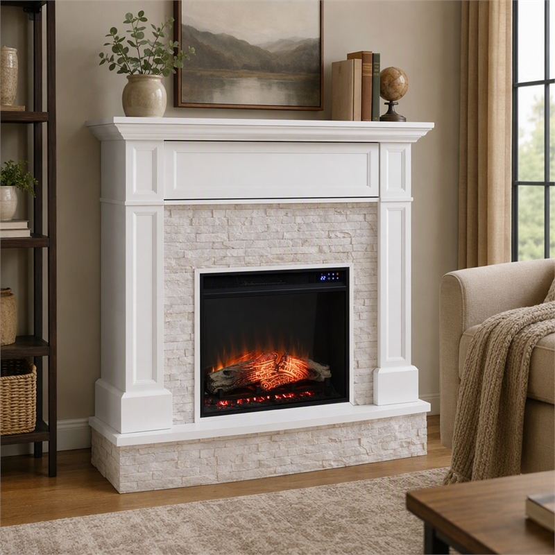Afuera Living Faux Stone Electric Media Fireplace in White