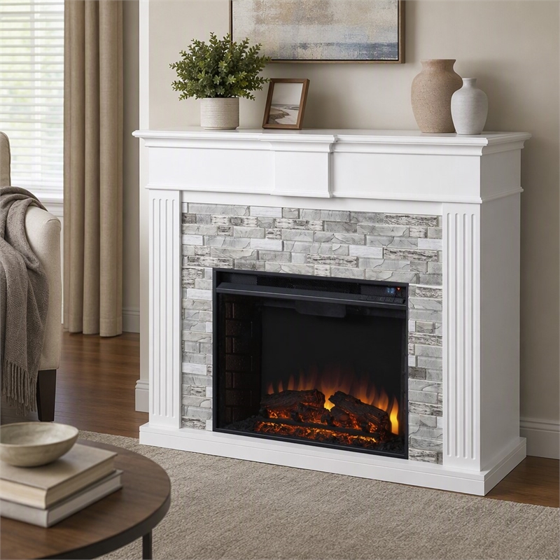 Afuera Living Electric Fireplace with White and Gray Stone Finish