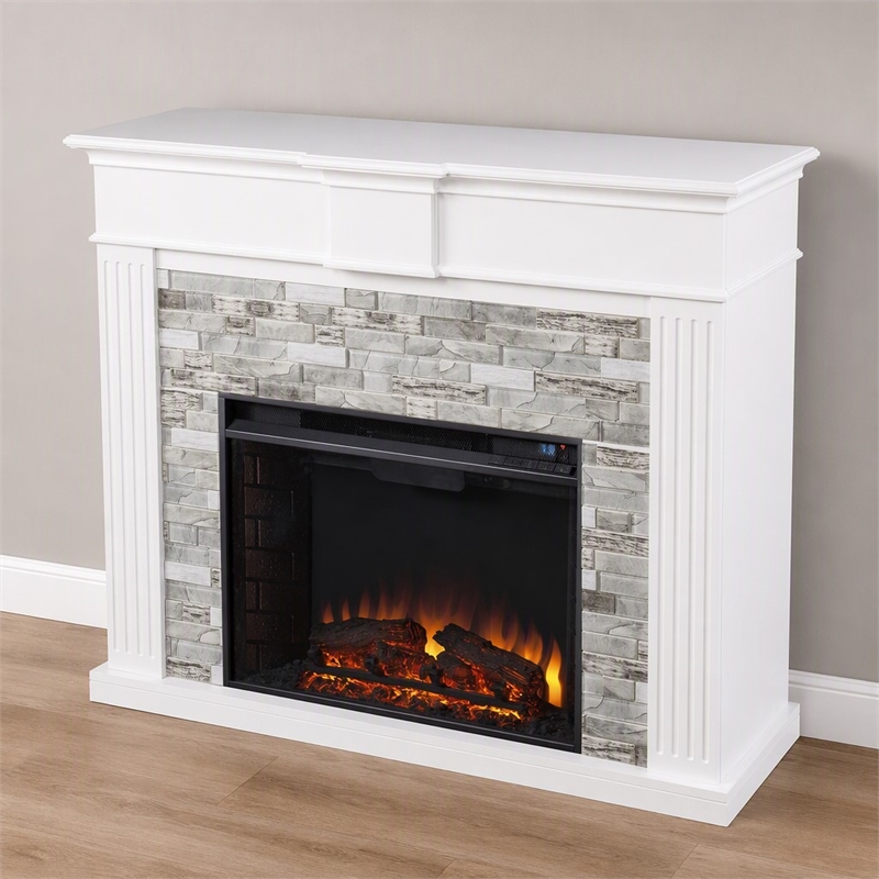 Afuera Living Electric Fireplace with White and Gray Stone Finish