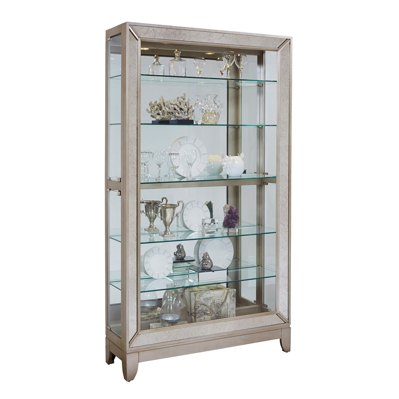 Hardwood Antique Style 5 Shelf Mirrored Curio Cabinet in Aged Silver Finish