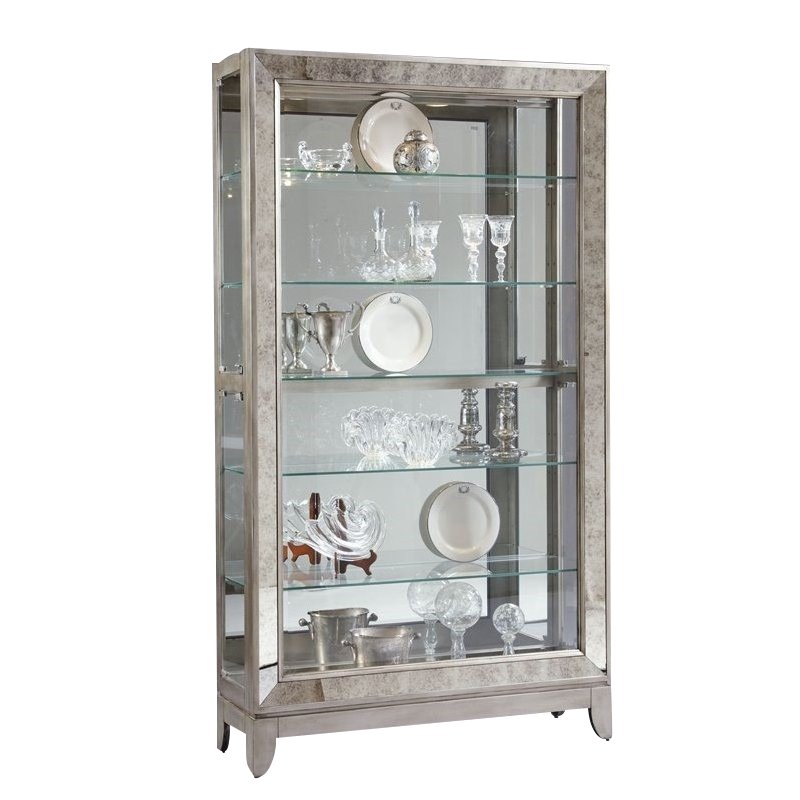 Hardwood Antique Style 5 Shelf Mirrored Curio Cabinet in Aged Silver Finish