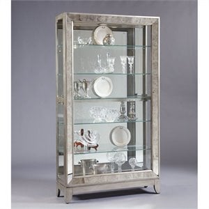 Hardwood Antique Style 5 Shelf Mirrored Curio Cabinet in Aged Silver Finish