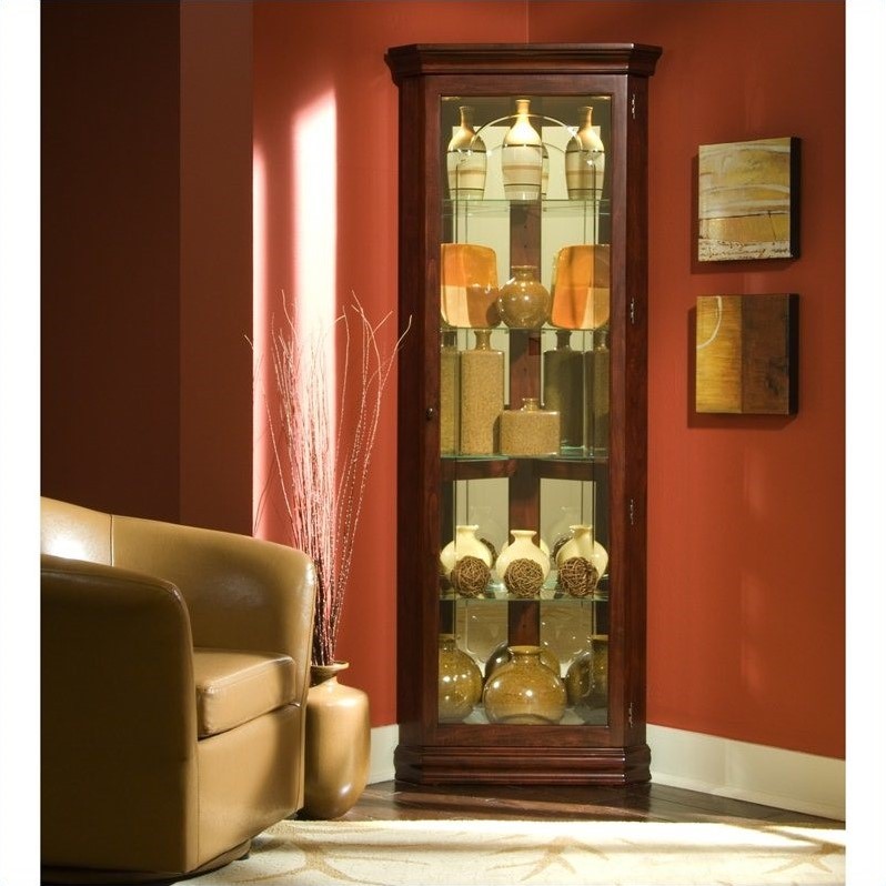Wood Framed 4 Shelf Corner Curio Cabinet in Cherry Brown by Pulaski Furniture