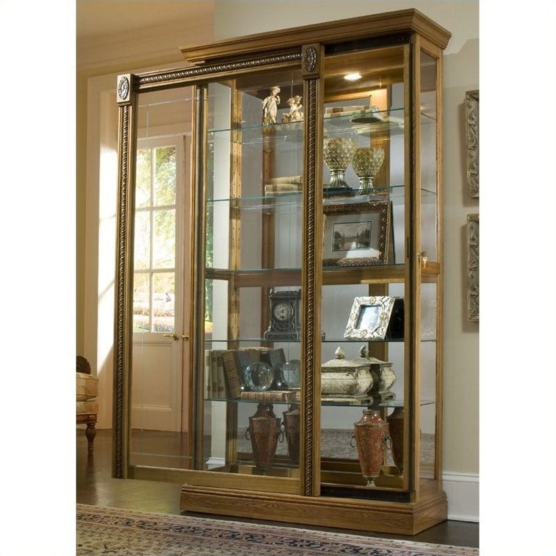 Sliding Glass-Door Curio Cabinet in Brown Honey Finish