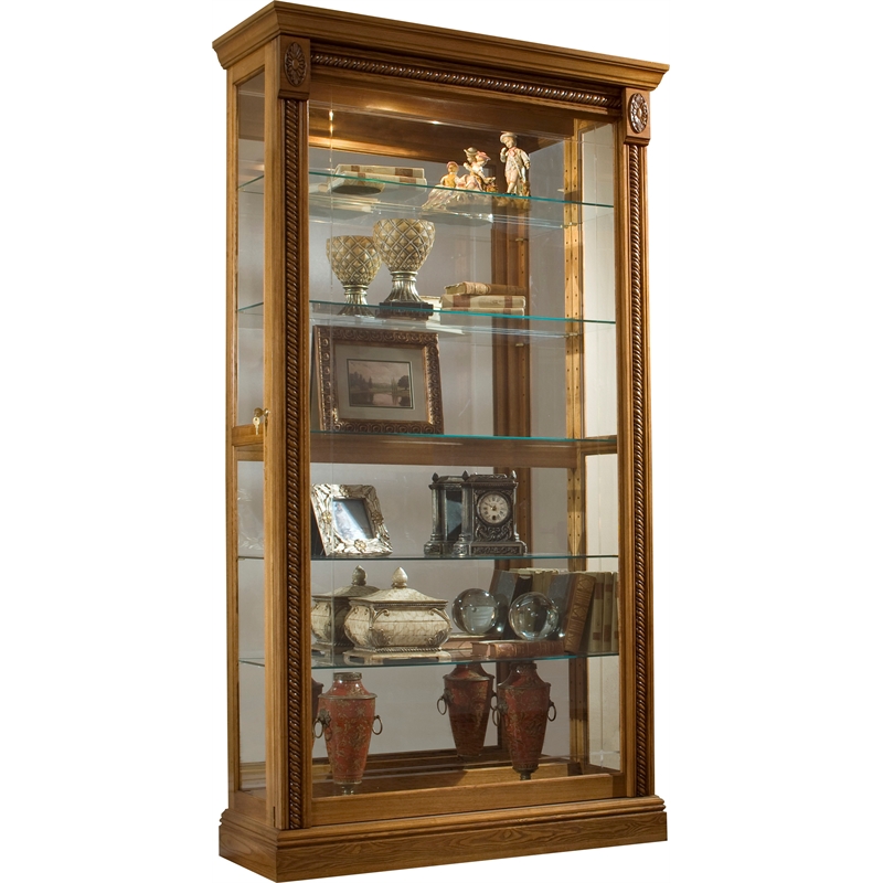 Sliding Glass-Door Curio Cabinet in Brown Honey Finish
