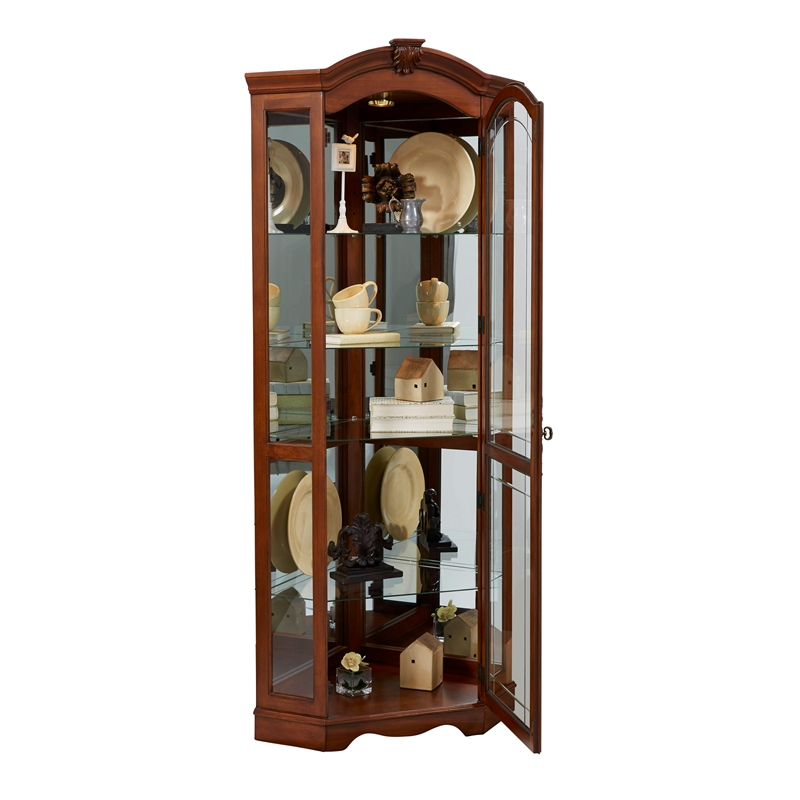 Hardwood Corner Curio Cabinet in Brown Cherry Finish by Pulaski Furniture
