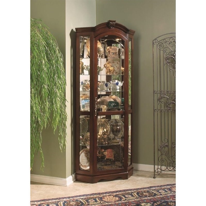 Hardwood Corner Curio Cabinet in Brown Cherry Finish by Pulaski Furniture